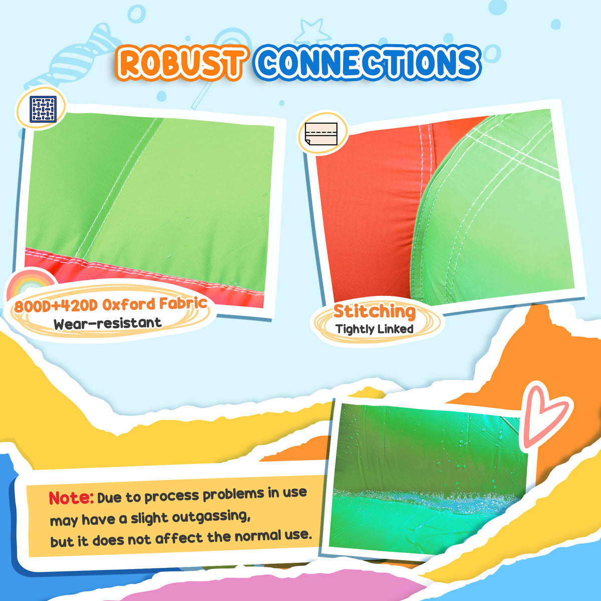 Close-up of green and red bounce castle fabric with reinforced stitching