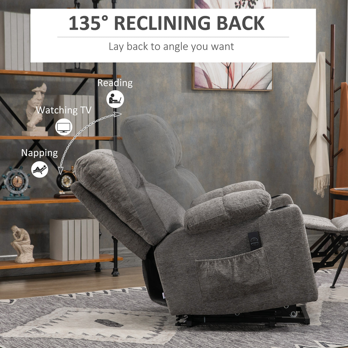 Grey recliner chair shown tilted back with its backrest reclined