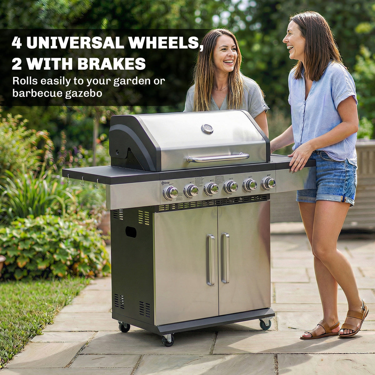 Outsunny 6 Burner Liquid Propane Gas BBQ Grill, Outdoor Portable Gas Barbecue Grill with Warming Rack, Side Tables, Cabinet