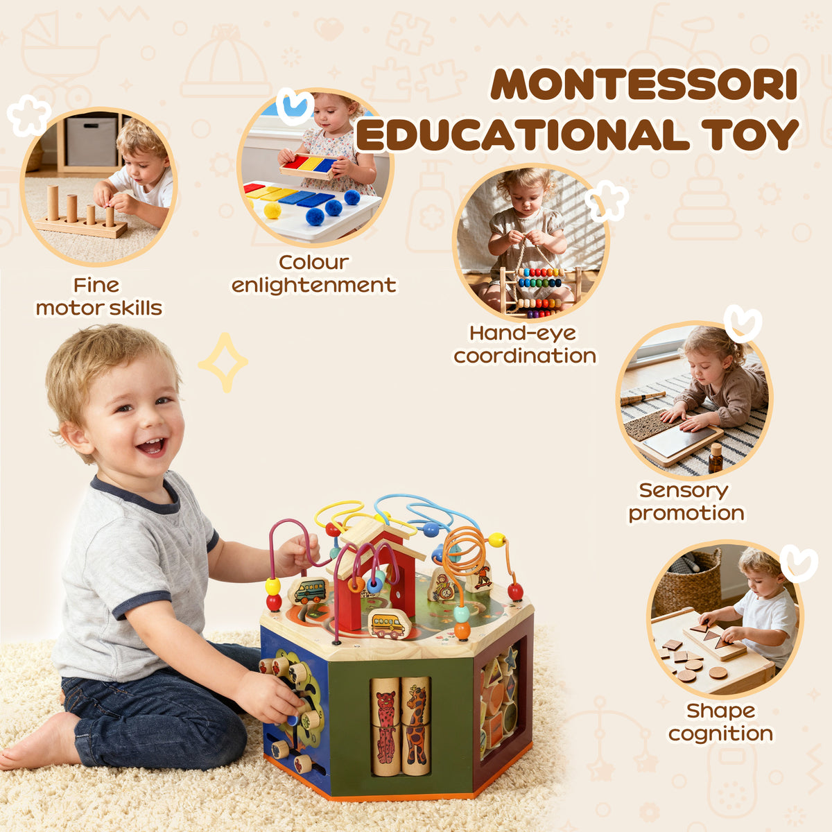 AIYAPLAY 8 in 1 Wooden Activity Cube with Bead Maze, Shape Sorter, for Kids Boys Girls 18+ Months