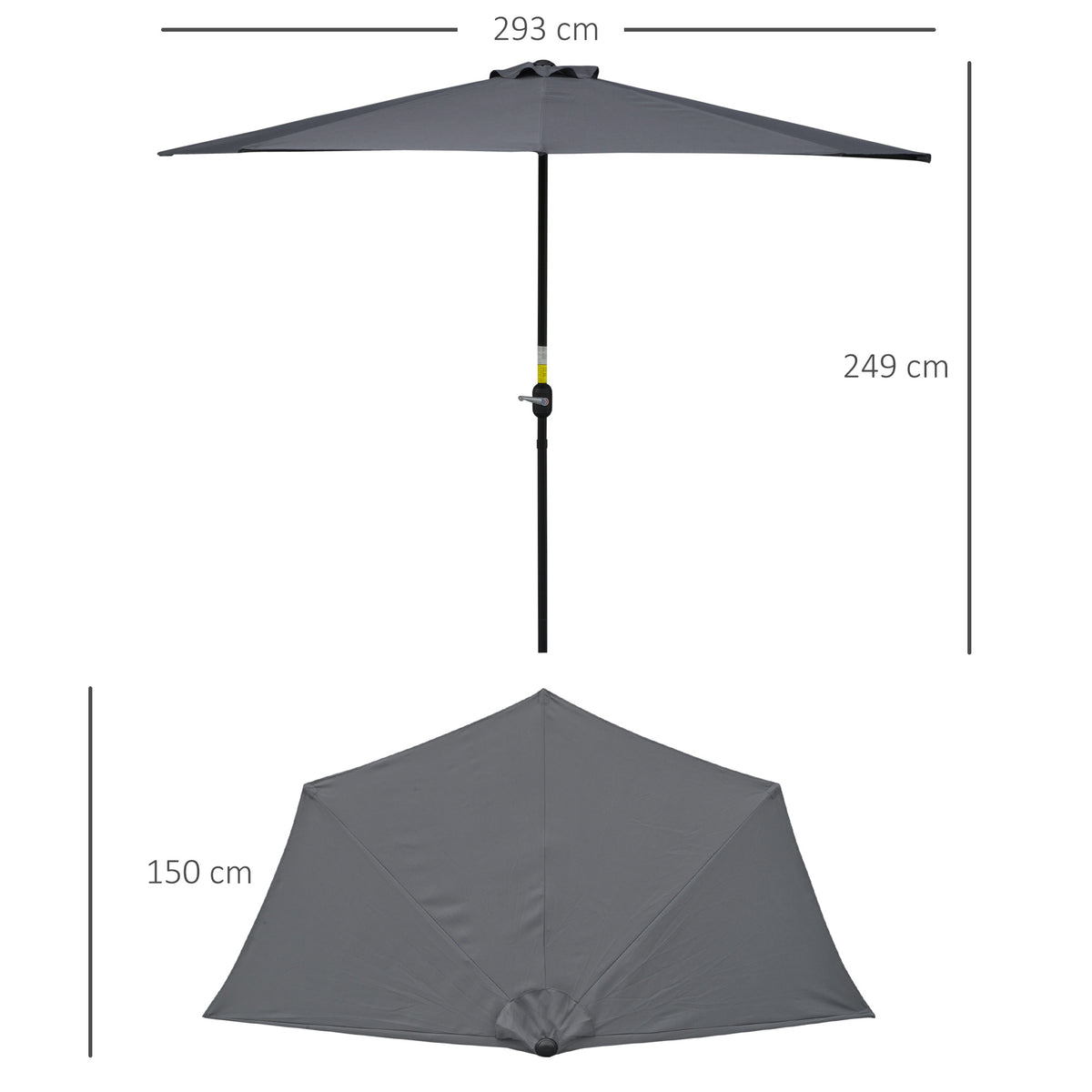 Outsunny gray half patio umbrella with metal pole, crank handle and 293 cm canopy