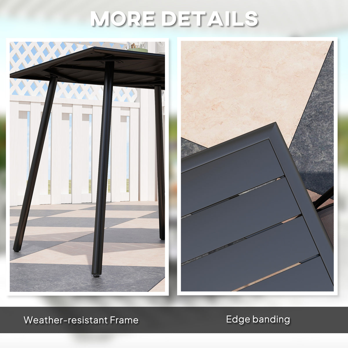 Outsunny table details showing its weather-resistant steel frame and edged slatted top
