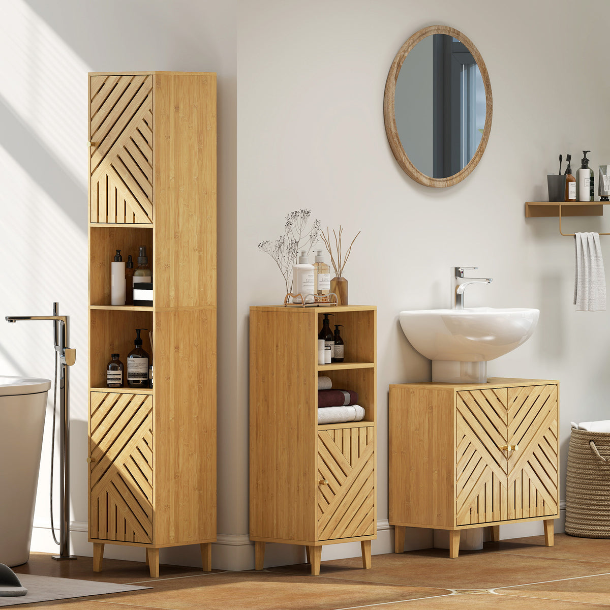 HOMCOM Slim Bathroom Cabinet with Bamboo Door and Legs, Narrow Bathroom Storage Cabinet, Freestanding Storage Cupboard with Open Compartments, 32 x 30 x 90 cm, Natural Wood Finish