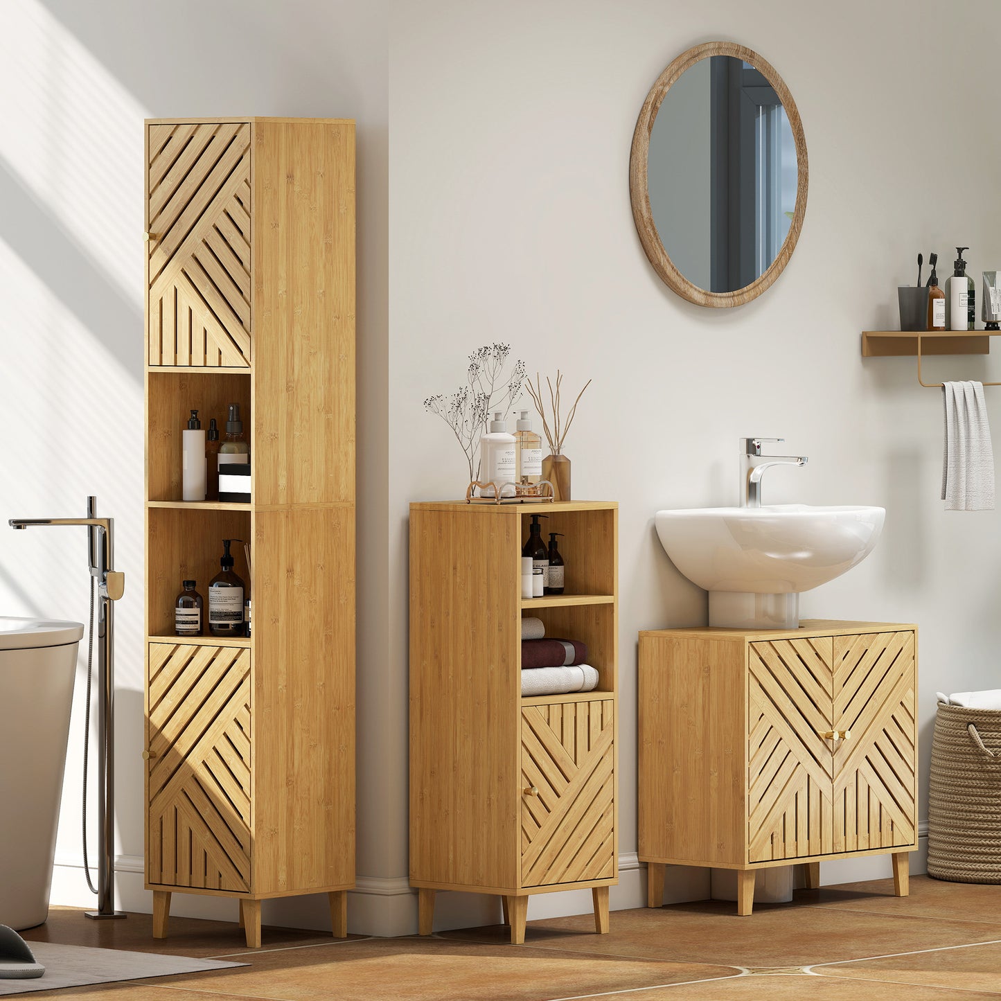 HOMCOM Slim Bathroom Cabinet with Bamboo Door and Legs, Narrow Bathroom Storage Cabinet, Freestanding Storage Cupboard with Open Compartments, 32 x 30 x 90 cm, Natural Wood Finish