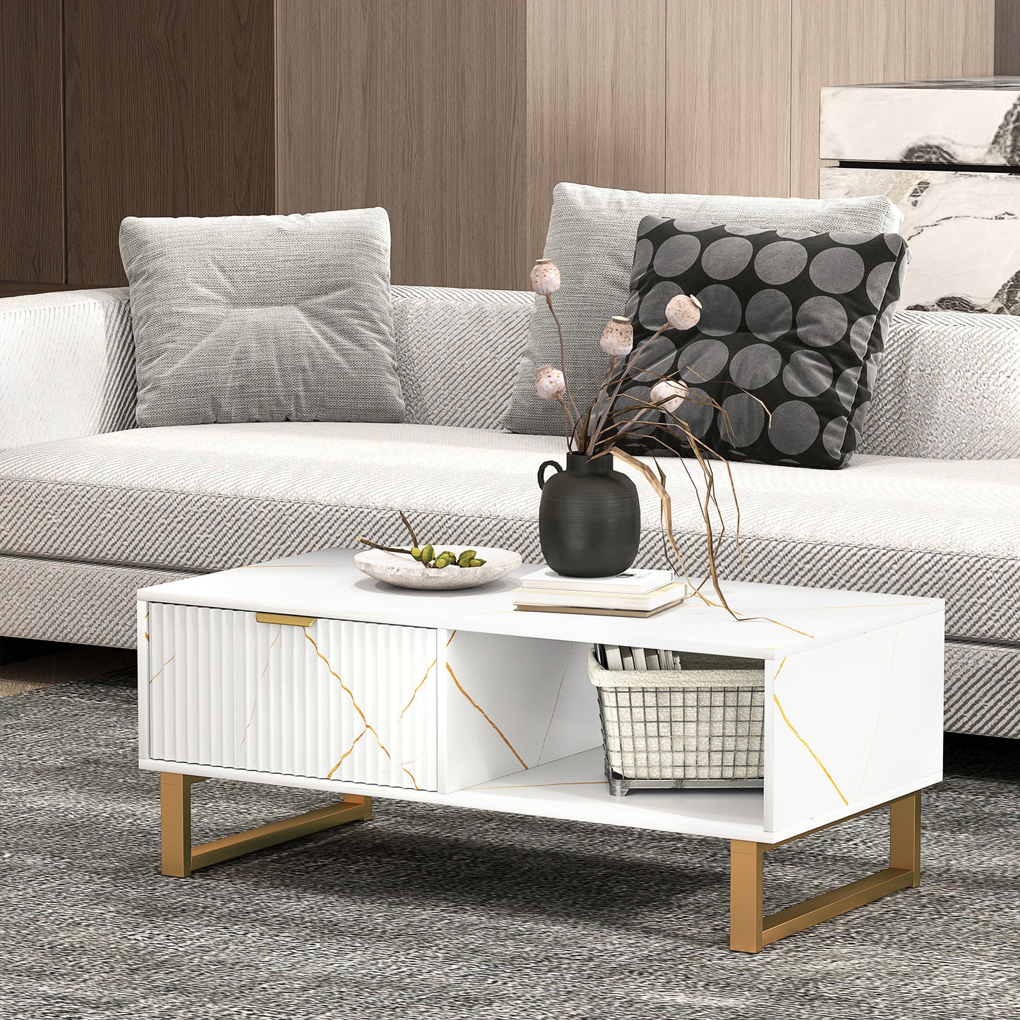 HOMCOM white marble-effect coffee table with fluted drawer, open shelf, and gold-tone legs