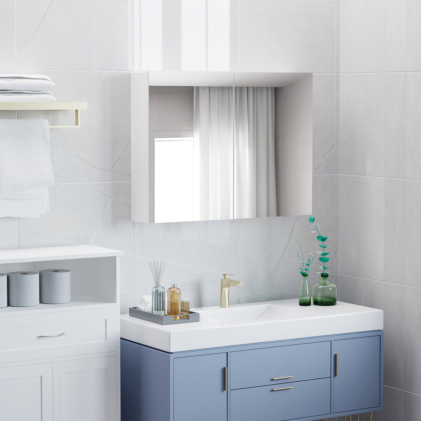 HOMCOM 80 x 15 cm Double Door Bathroom Mirror Cabinet - White
