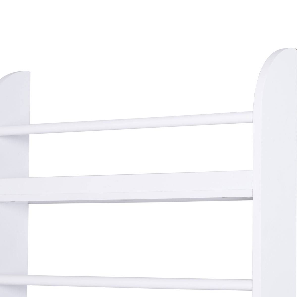 Close-up of the white bookcase's shelves and raised side panels.