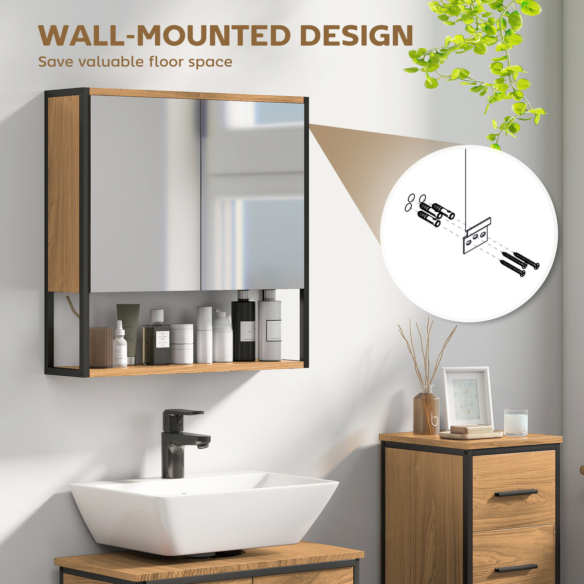HOMCOM Bathroom Mirror Cabinet with Soft-Close Doors and Adjustable Shelf - Natural Wood Finish