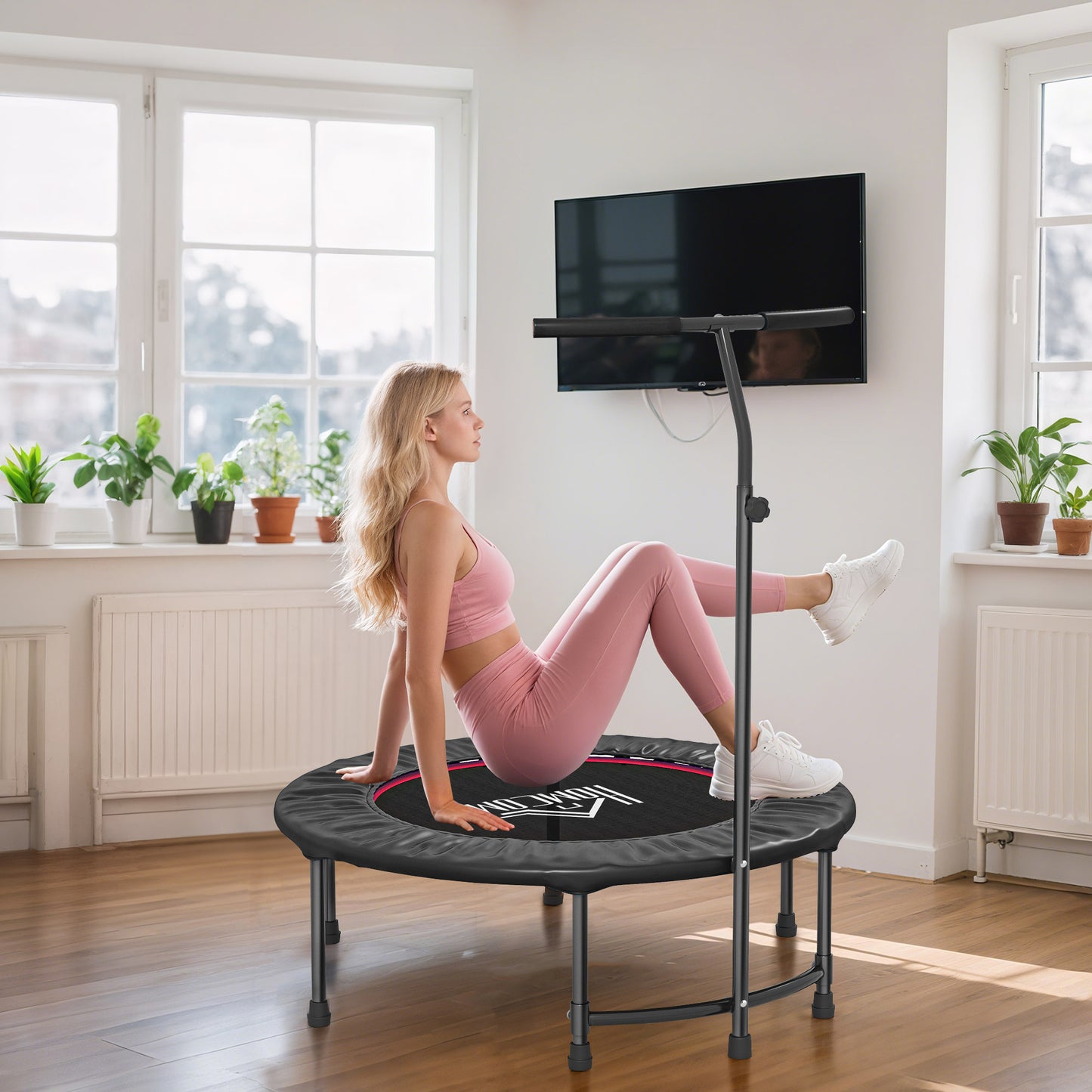 HOMCOM 40" Fitness Trampoline with Adjustable Handle, Rebounder Trampoline, Mini Jumper for Indoor Exercise Workout, Black