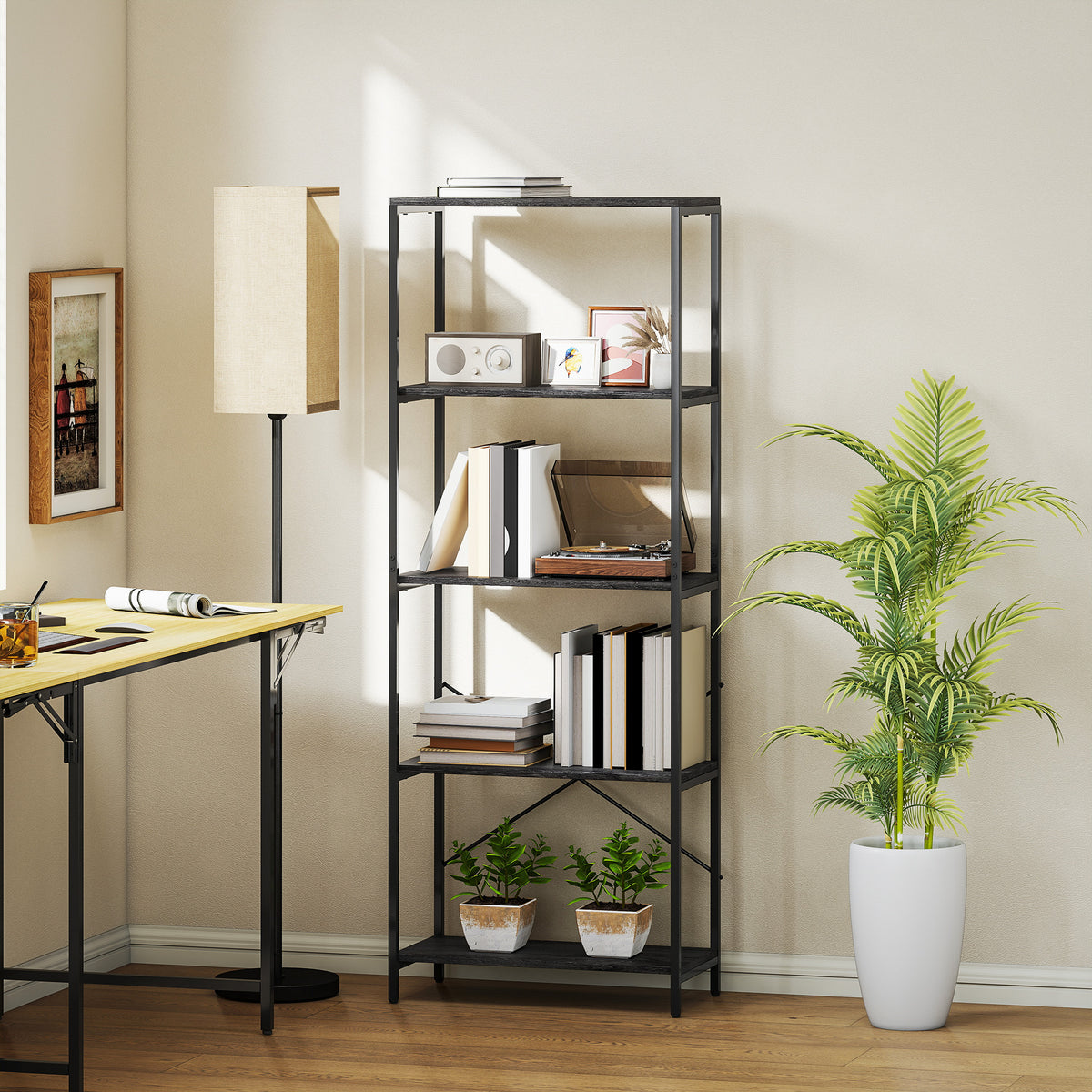 HOMCOM 5-Tier Bookshelf, Industrial Bookcase with Metal Frame - Dark Grey and Black