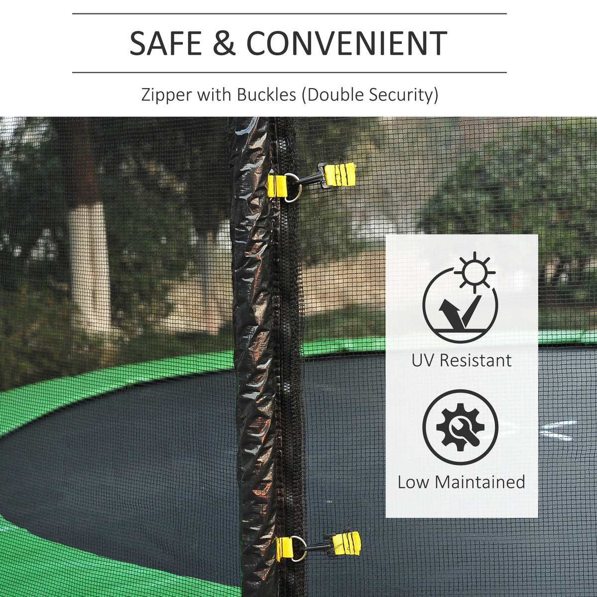 Black trampoline enclosure net with zipper and safety buckles