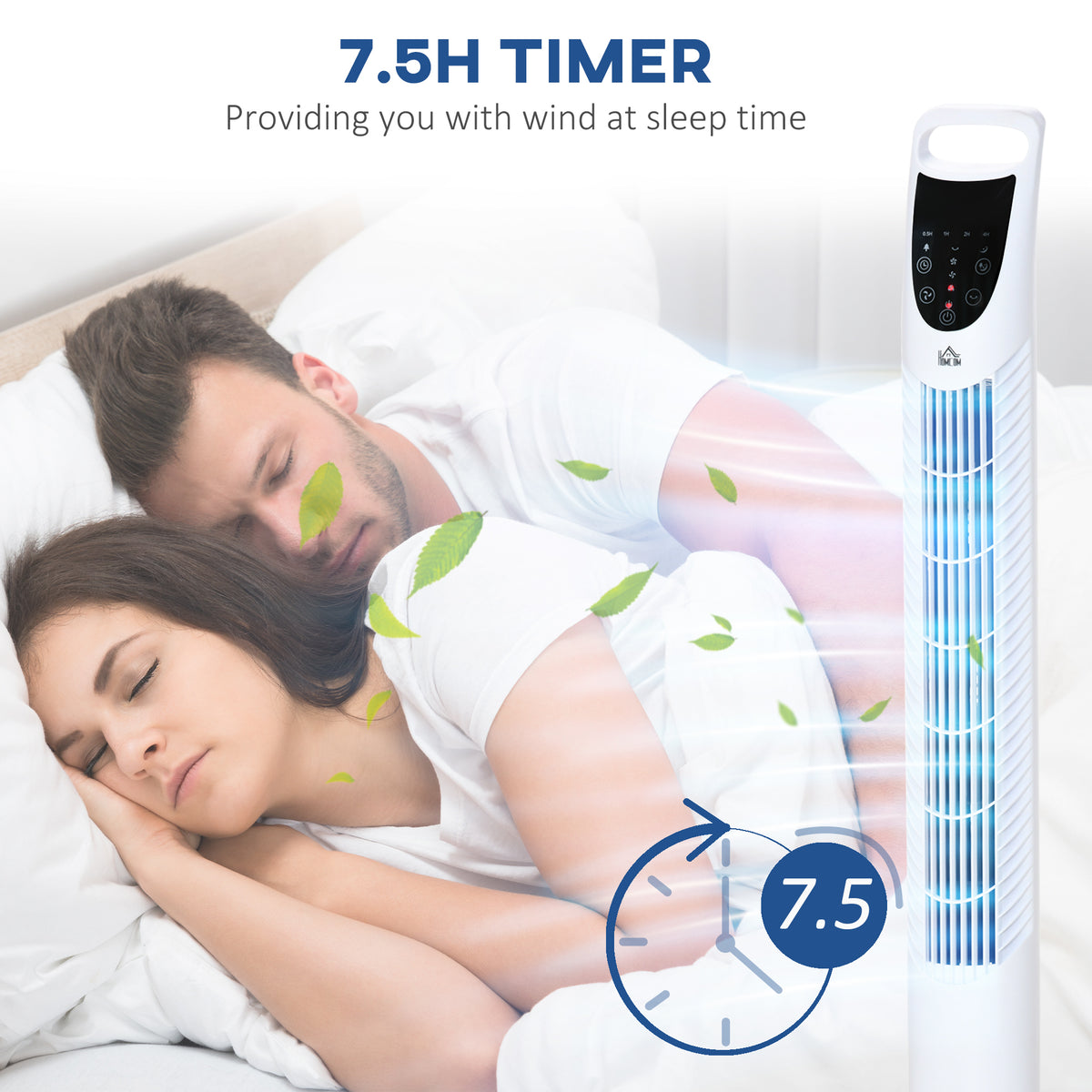 White HOMCOM tower fan with 7.5-hour timer and sleep mode