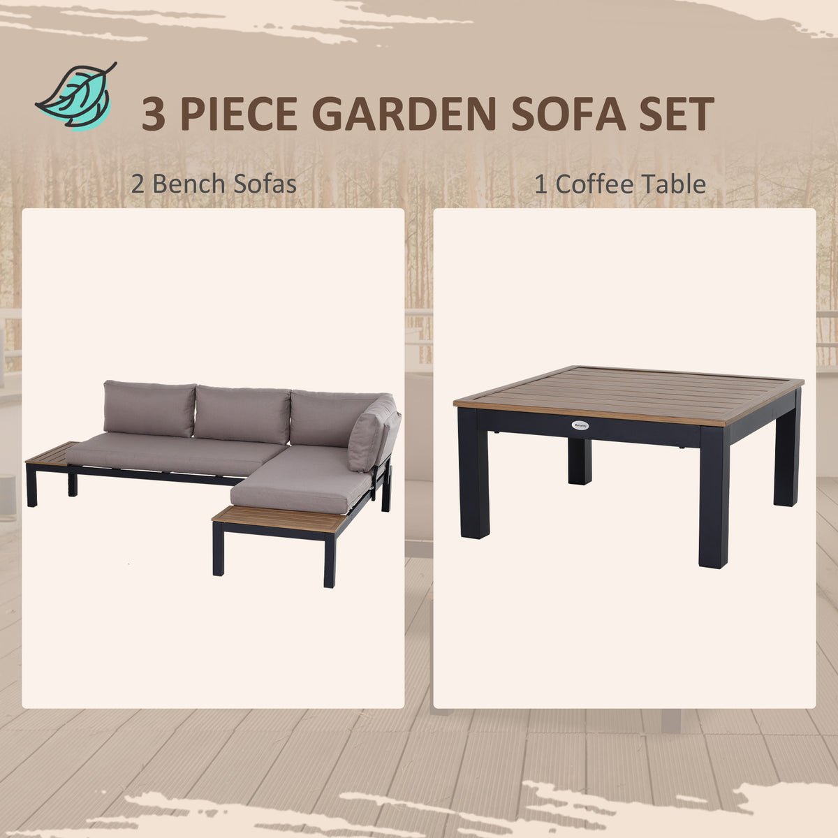 Outsunny garden sofa set showing two bench sofas and a slatted coffee table