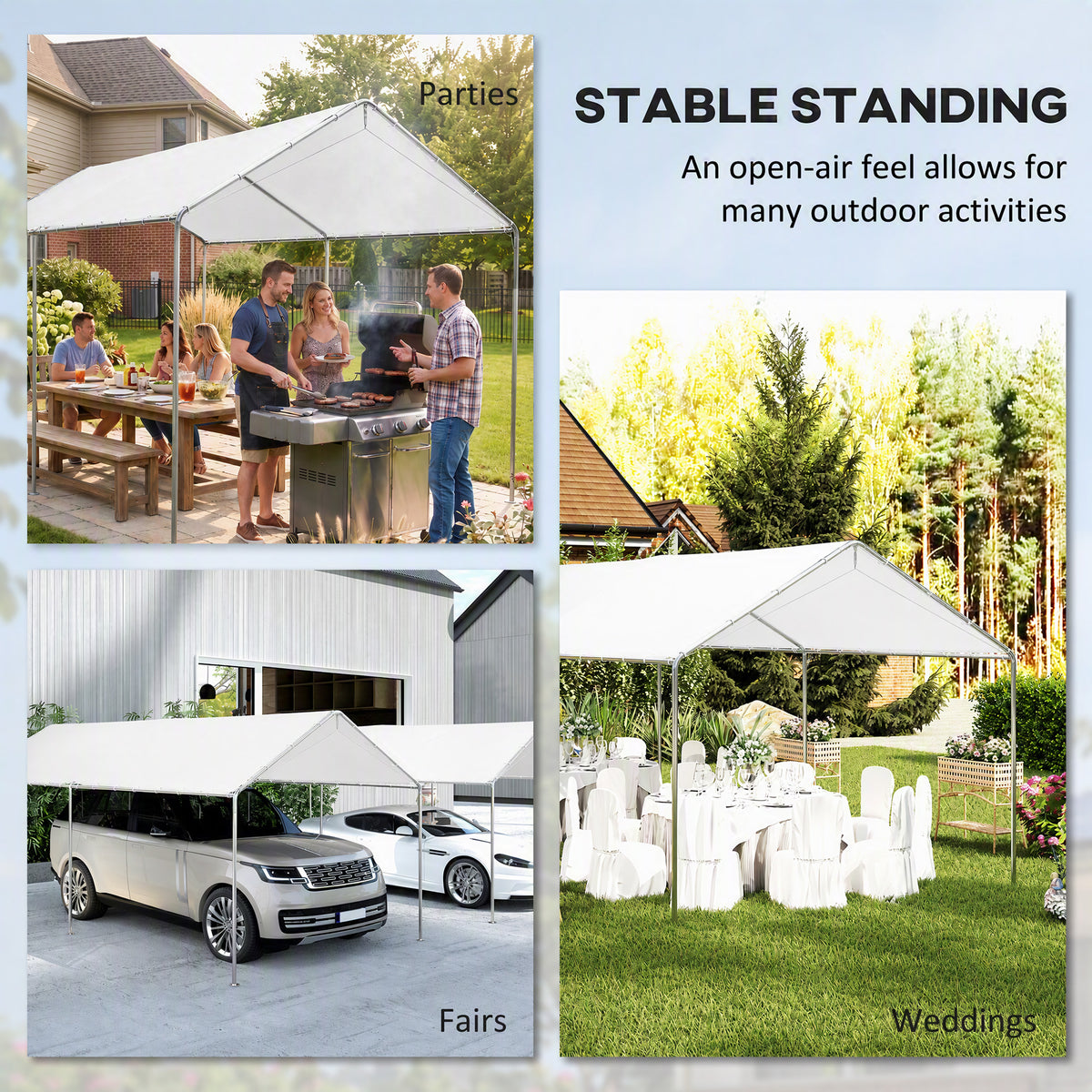 Outsunny open-sided carport canopy shown sheltering cars and outdoor gatherings