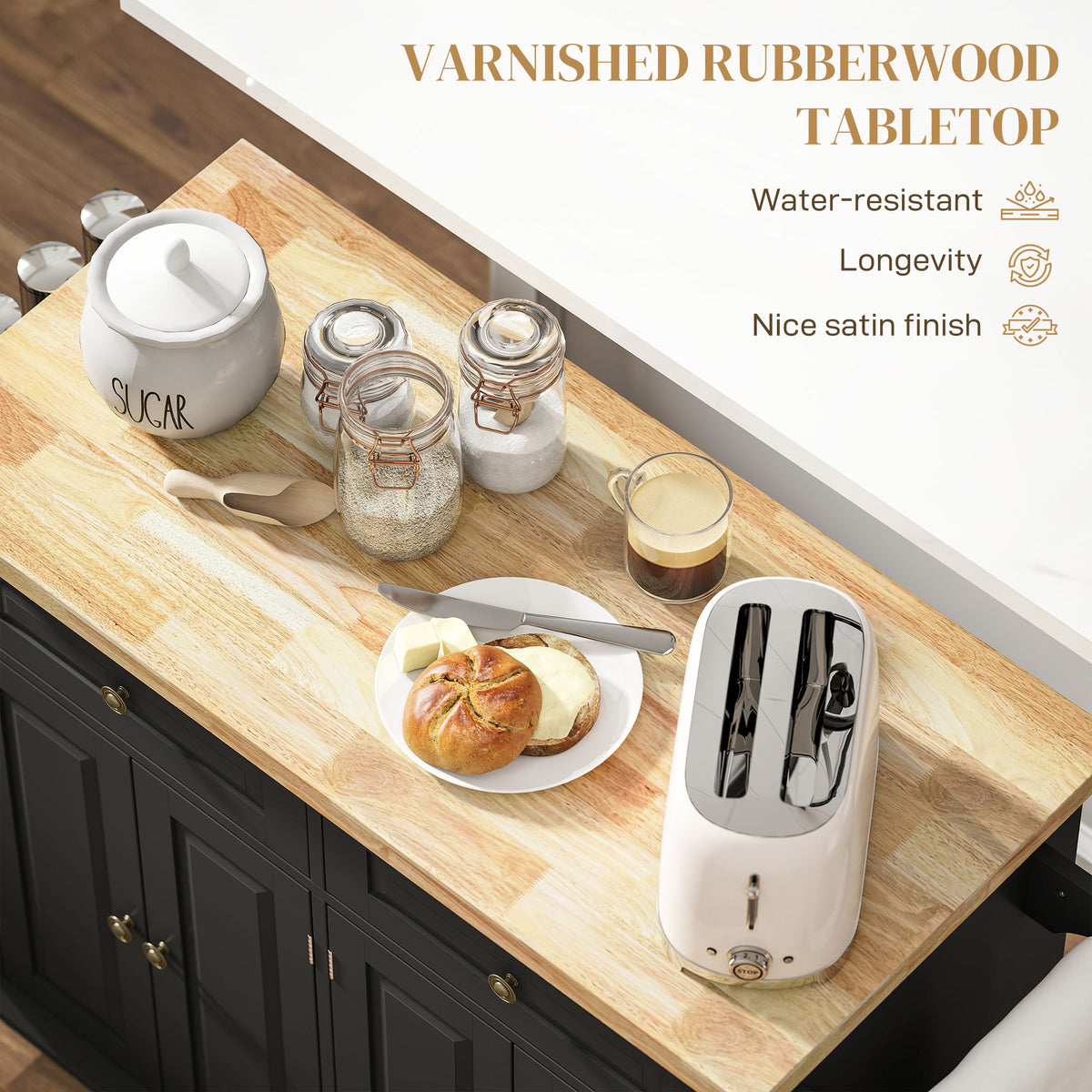 Rubberwood tabletop on a black kitchen island, shown holding breakfast items