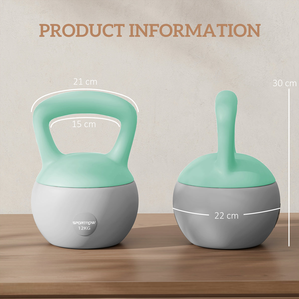 SPORTNOW 12 kg soft kettlebell shown from front and side with size measurements