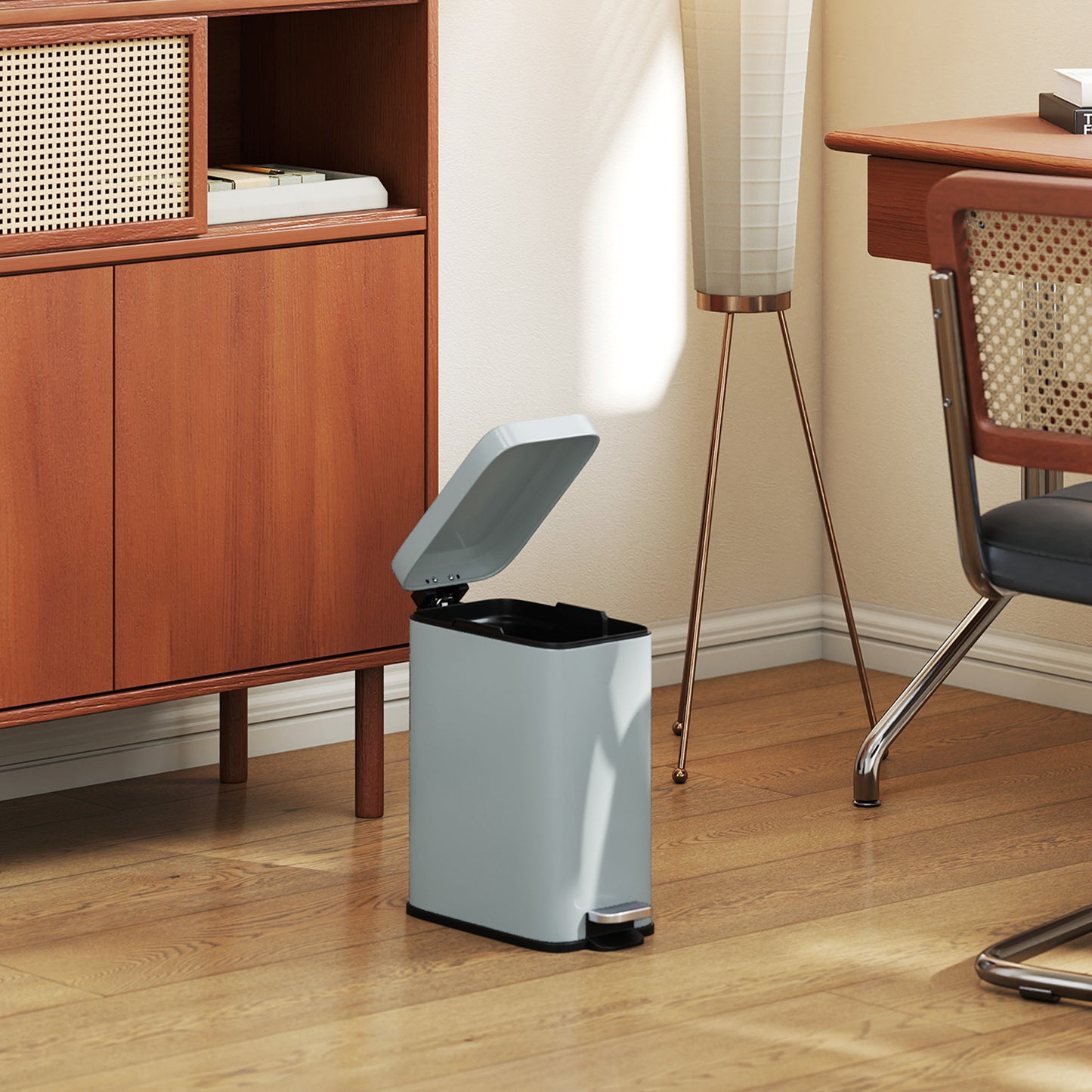 HOMCOM 5L Rectangular Compact Bin Steel Body Removable Bucket Quiet-Close Lid w/ Pedal Lid Rubbish Trash Can Home Office Bedroom Bathroom Living Room Garbage Tidy Clean Grey