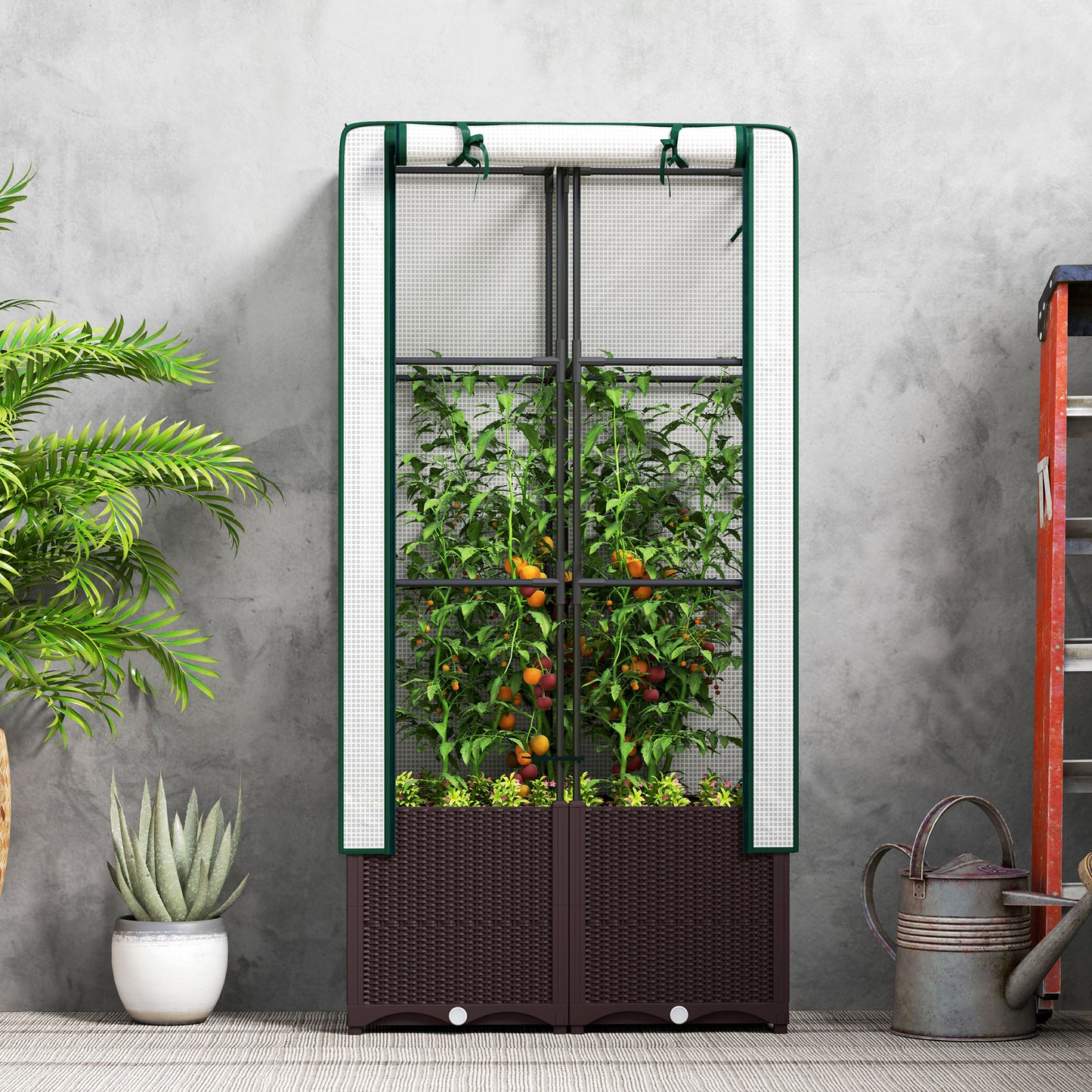 Outsunny Raised Garden Bed with Trellis, Plastic Planter Box with PE Cover, Drainage Holes, Drain Plugs and Water Reservoirs for Climbing Plants, Vegetables, Flowers, 80 x 40 x 140 cm