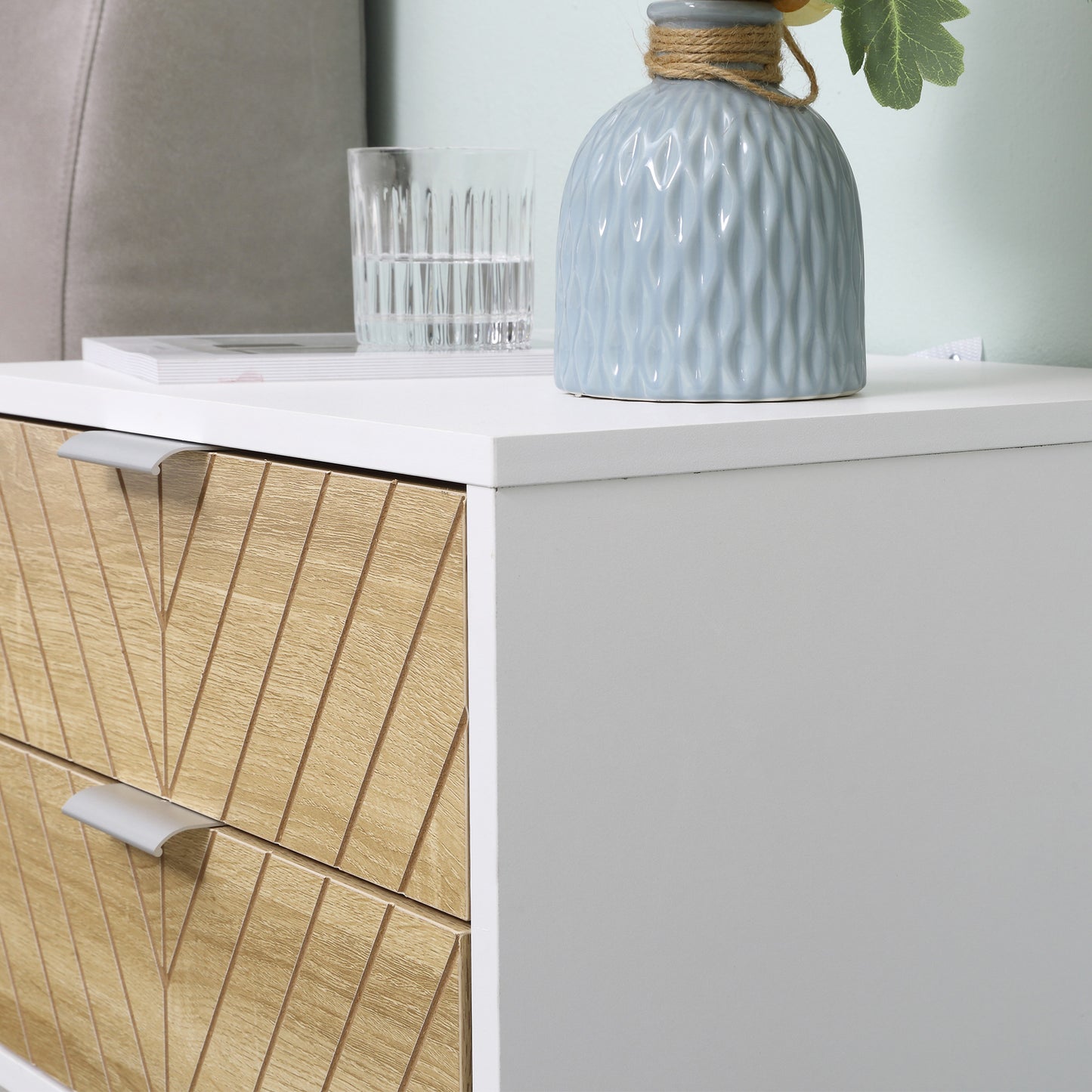 HOMCOM bedside table showing white top and oak drawer fronts