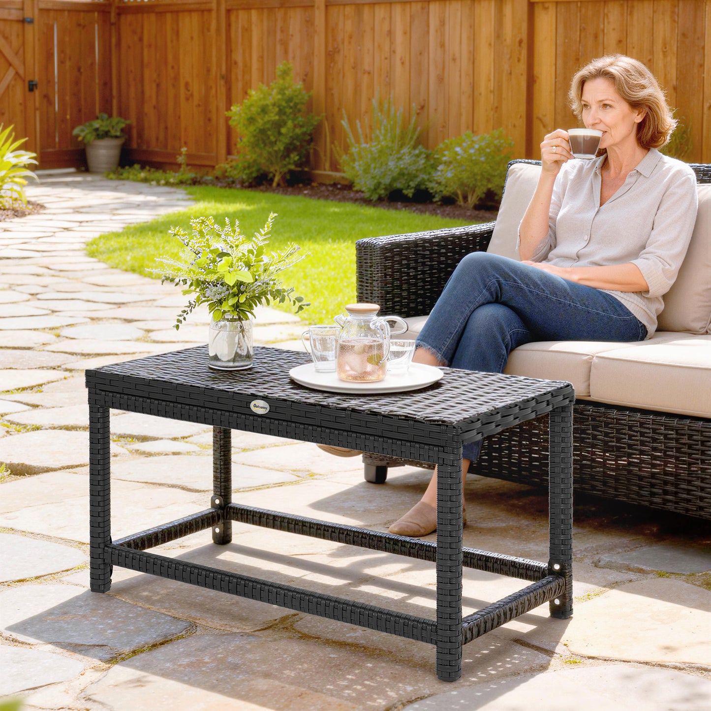 Outsunny Outdoor Coffee Table Side Table with Rectangular Shape Frame for Patio, Balcony, Black