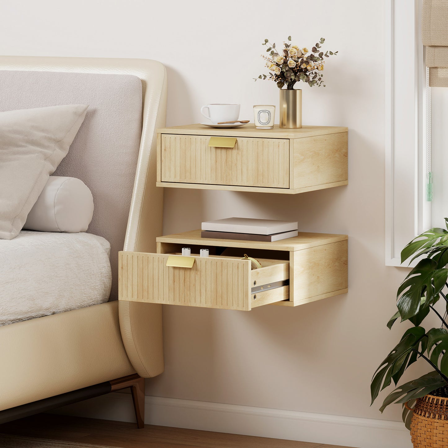 HOMCOM Modern Floating Nightstands Set of 2, Wall Mounted Bedside Tables with Wave Drawer Oak