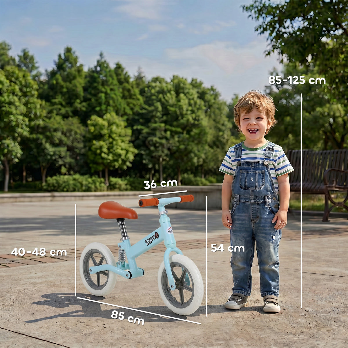 Blue kids' balance bike with white tires, shown beside a child and labeled with dimensions.