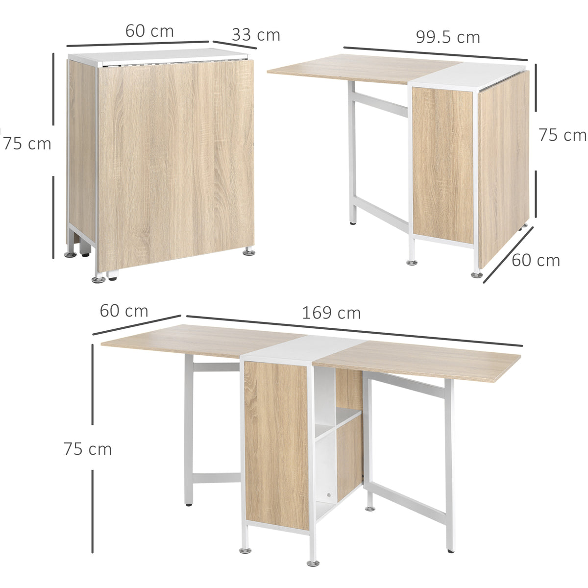 Folding table shown closed, with one leaf extended, and with both leaves extended; dimensions shown