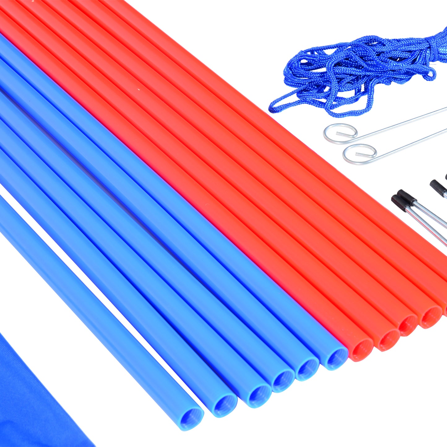 Close-up of red and blue dog agility poles with blue string and metal stakes