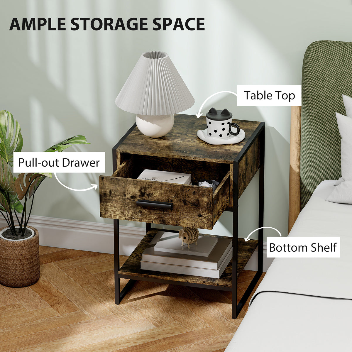 Bedside table with open drawer, lower shelf, and rustic brown wood finish