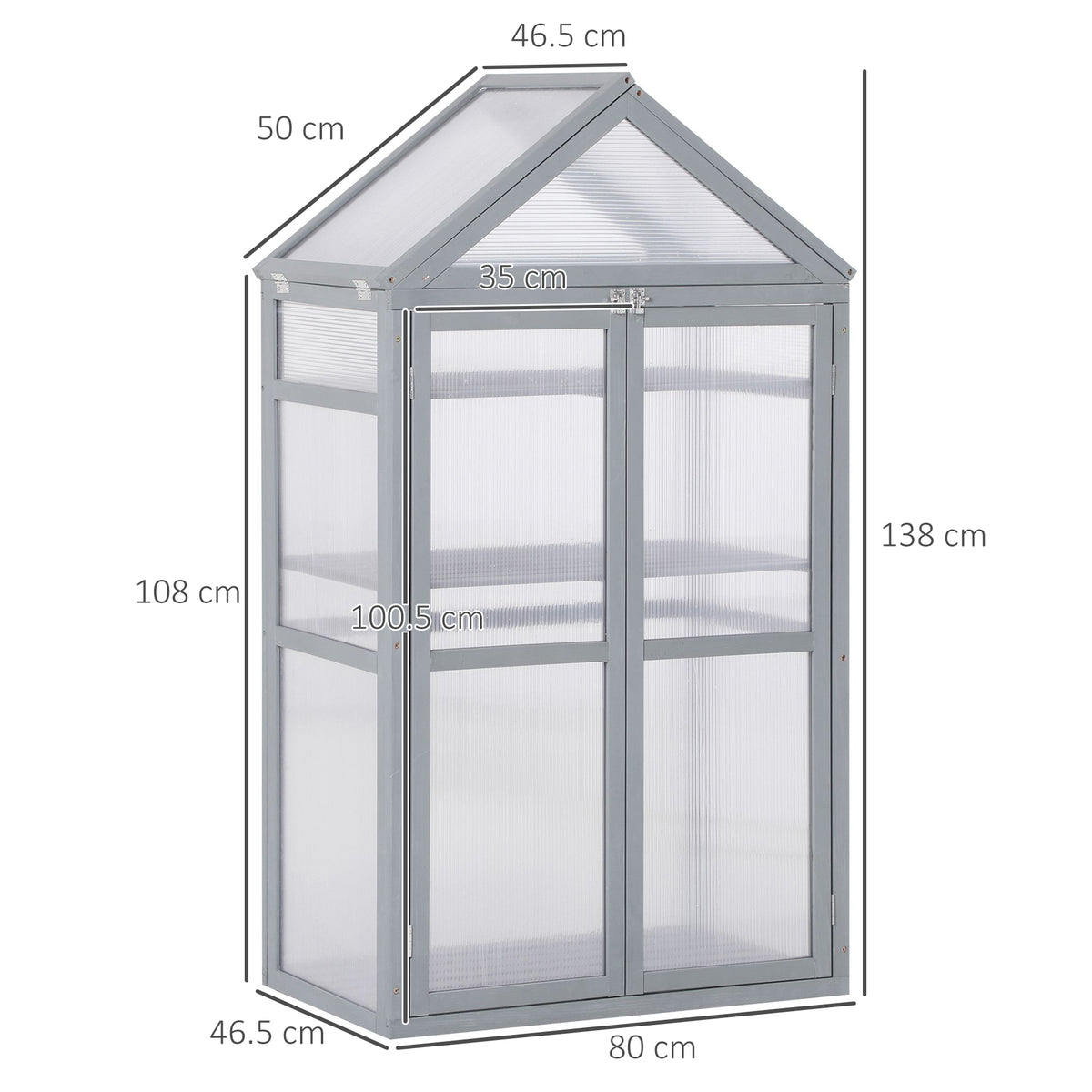 Grey polycarbonate greenhouse with double doors and shelves, shown with dimension labels