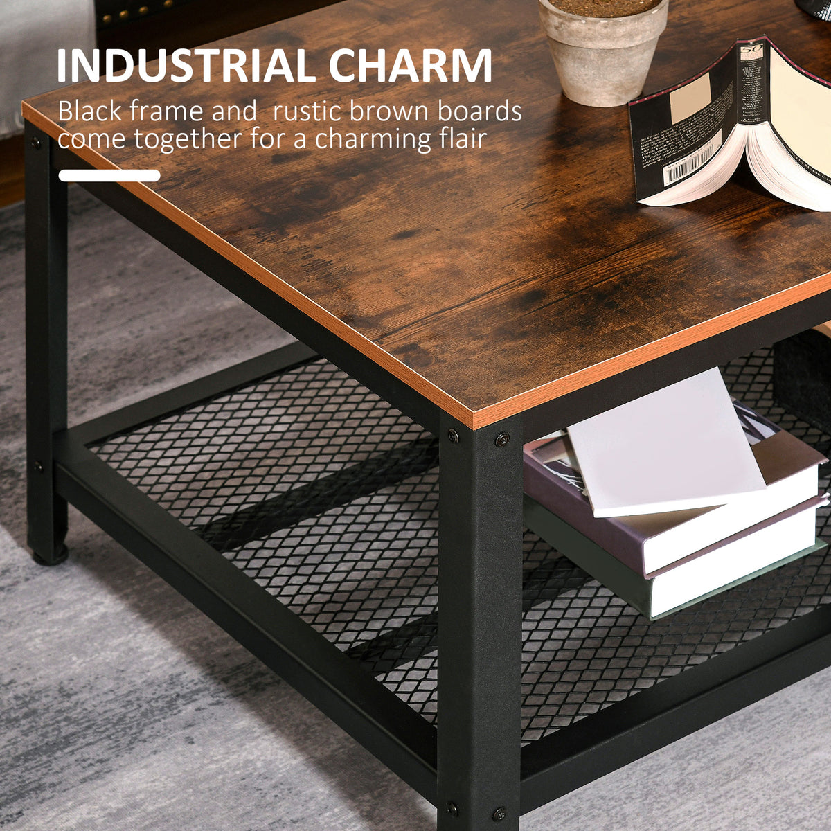 Coffee table detail showing rustic brown top, black metal frame and mesh shelf