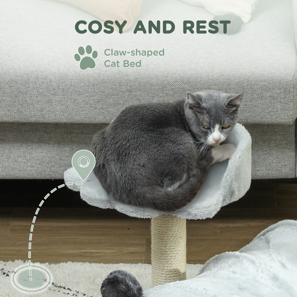 Grey cat tree bed with a cat resting on the raised perch