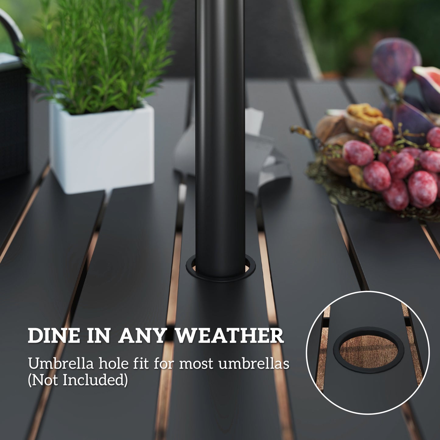Close-up of a slatted outdoor table with a central parasol hole.