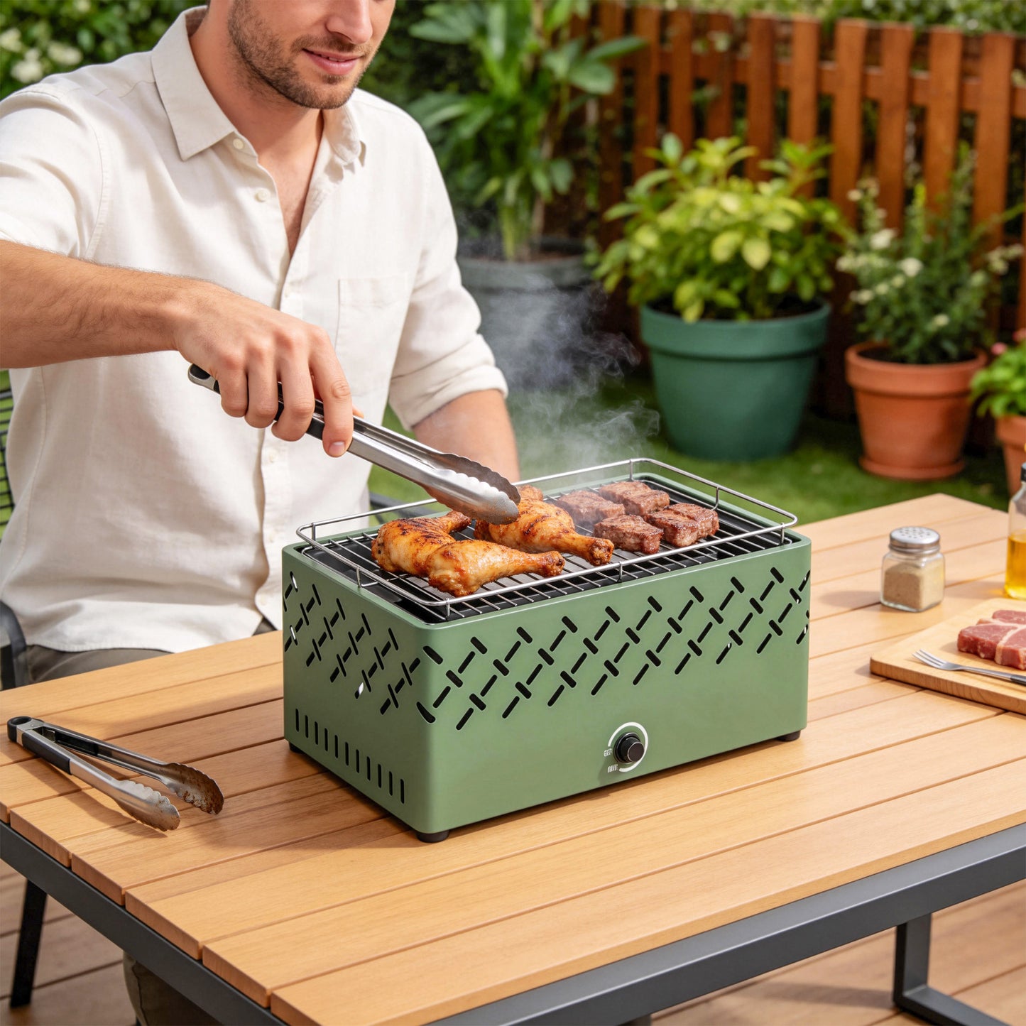 Outsunny Portable Charcoal BBQ Grill, Battery Powered Barbecue Grill with Built-in Fan for Camping Picnic, Light Green