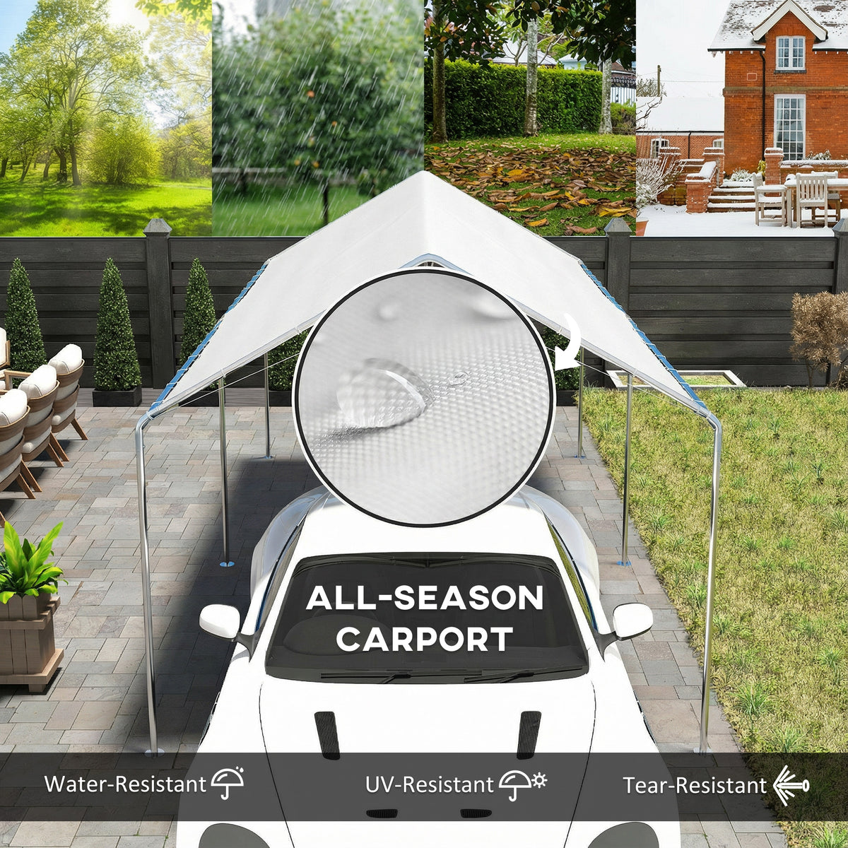 Outsunny white carport canopy over a car, with water-resistant roof fabric