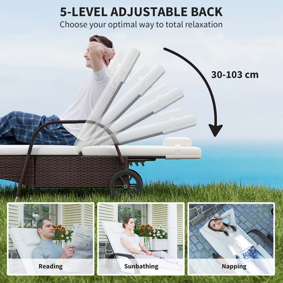 Brown rattan sun lounger with white cushion and adjustable backrest shown at five angles