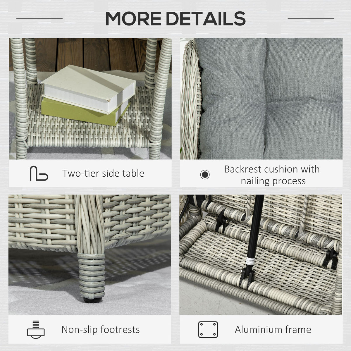 Outsunny rattan bistro set detail panels showing the table, cushions, footrests and frame
