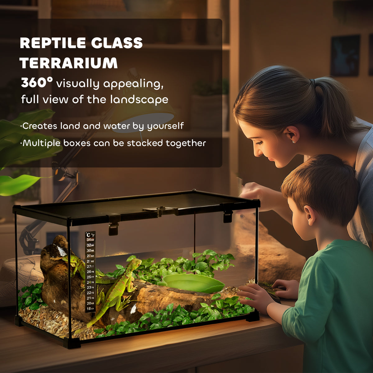 PawHut glass reptile terrarium with mesh lid, thermometer, and planted habitat