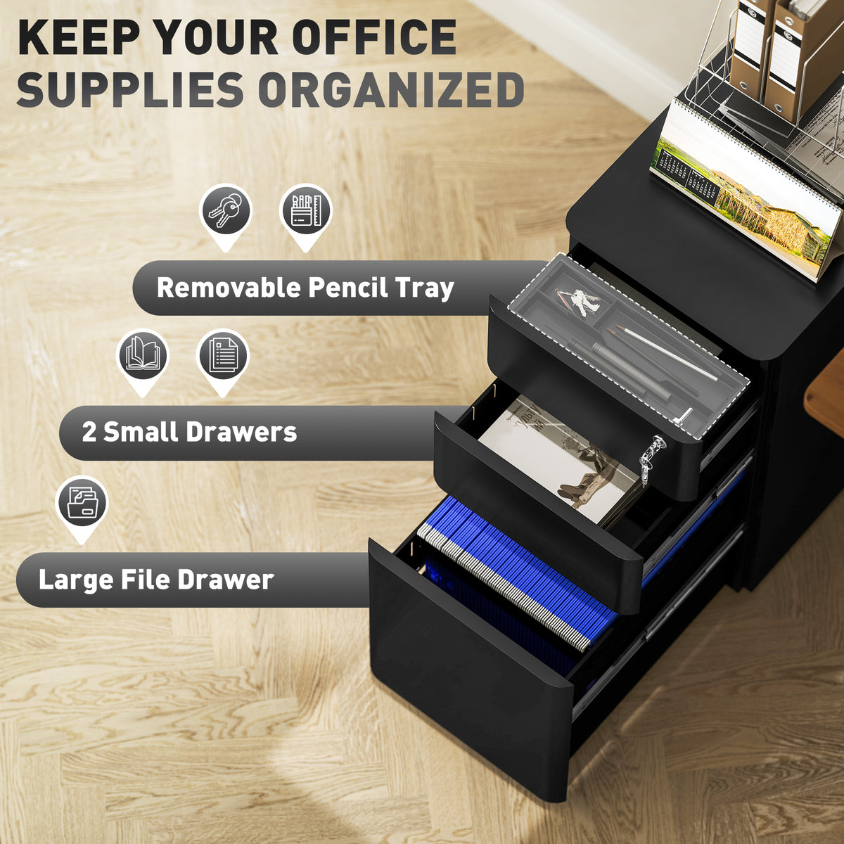 Vinsetto black filing cabinet with removable pencil tray, two small drawers, and a file drawer