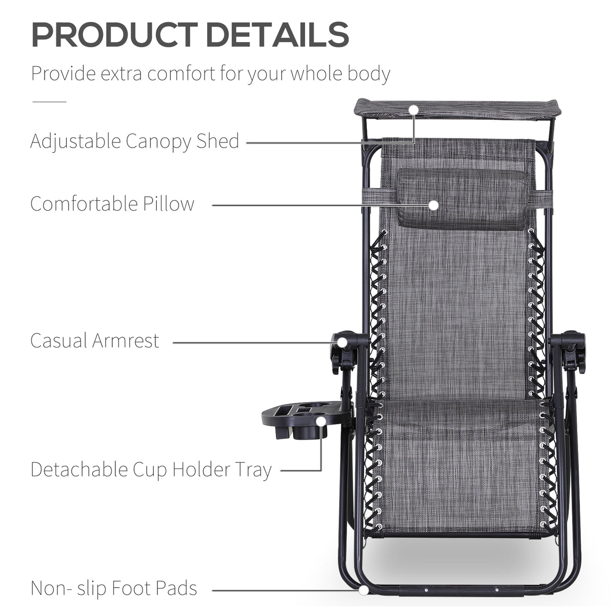 Front view of gray reclining garden chair showing canopy, headrest, armrests and cup holder