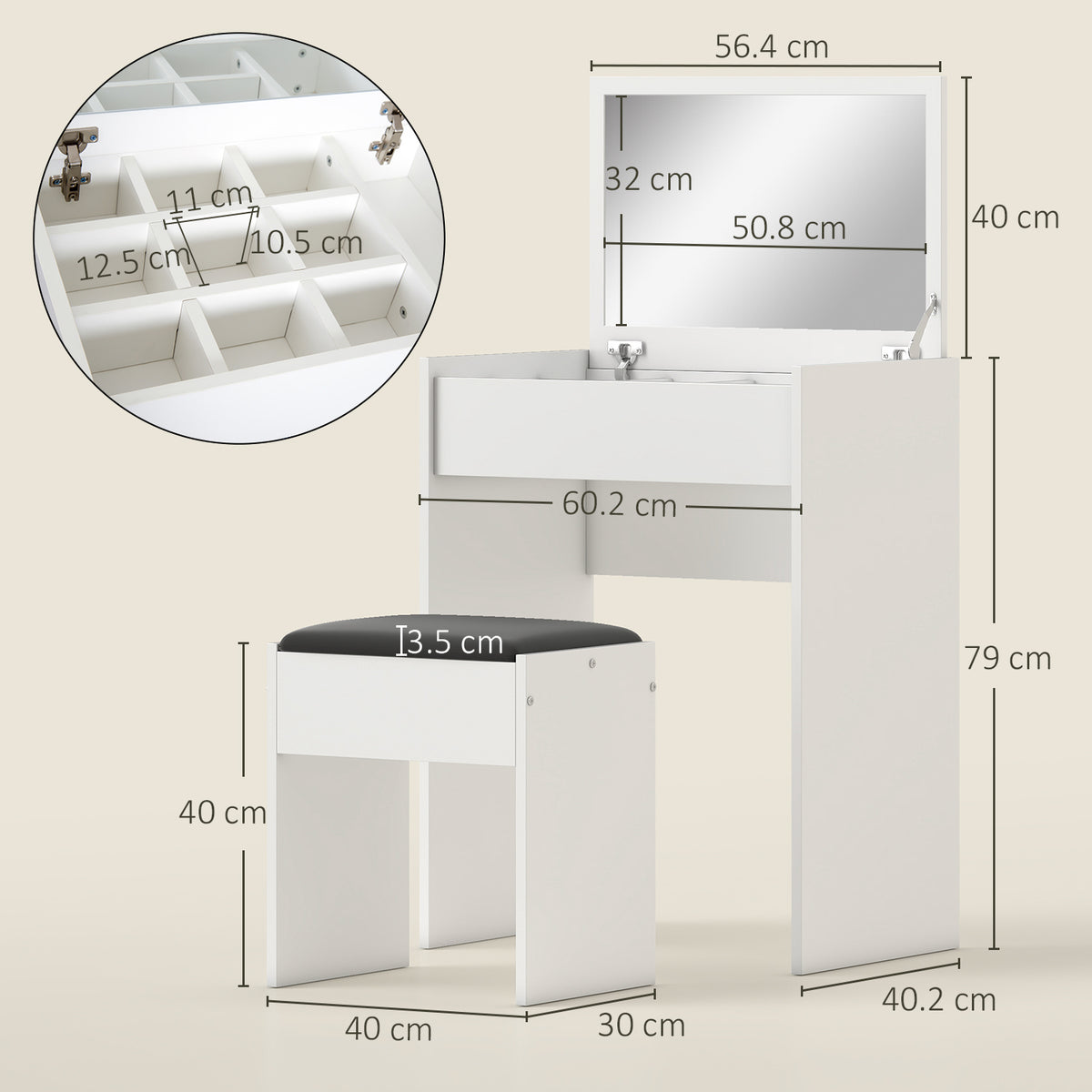 White vanity set with mirror and black padded stool, shown with dimensions and compartment sizes