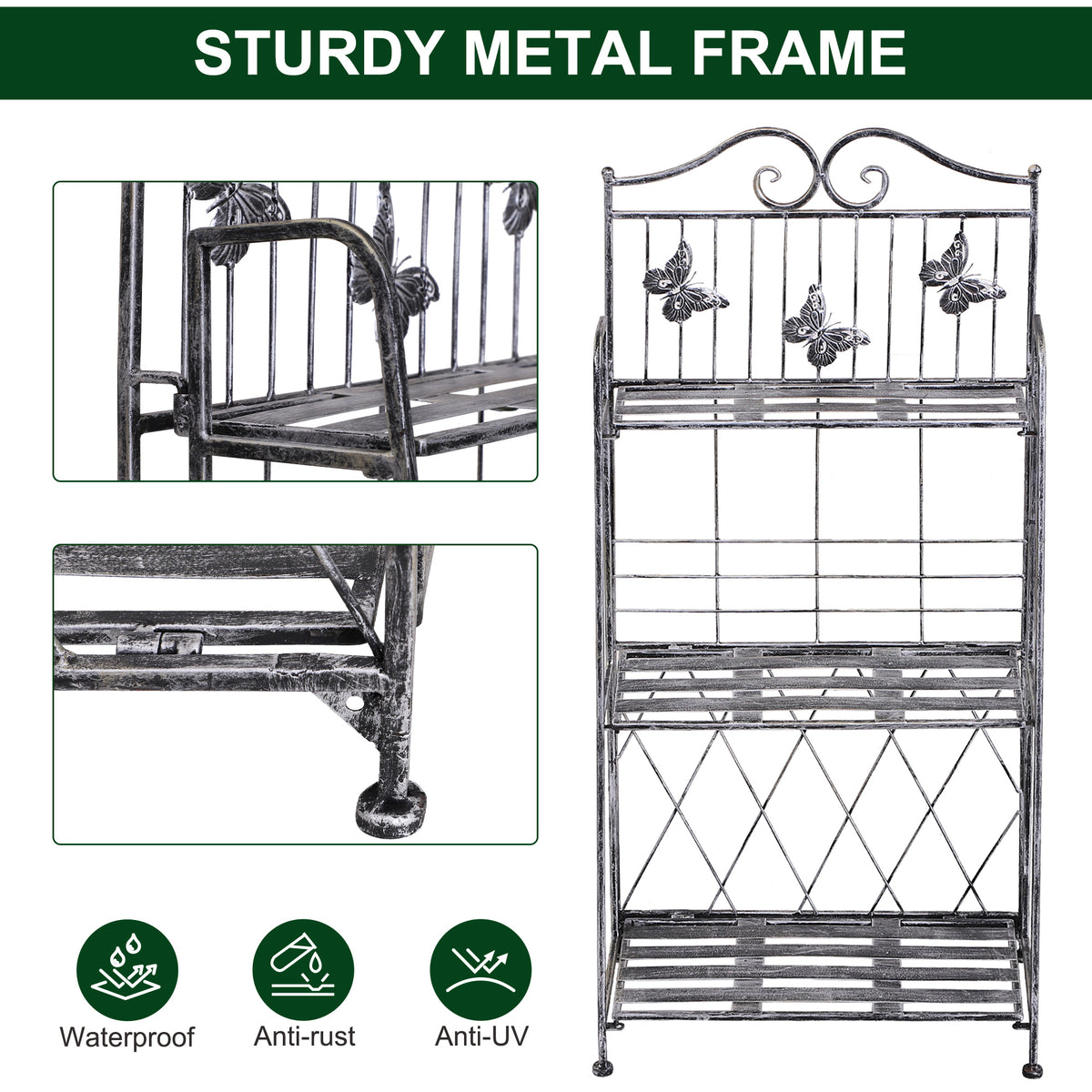 Outsunny metal plant stand with slatted shelves, butterfly accents, and sturdy frame