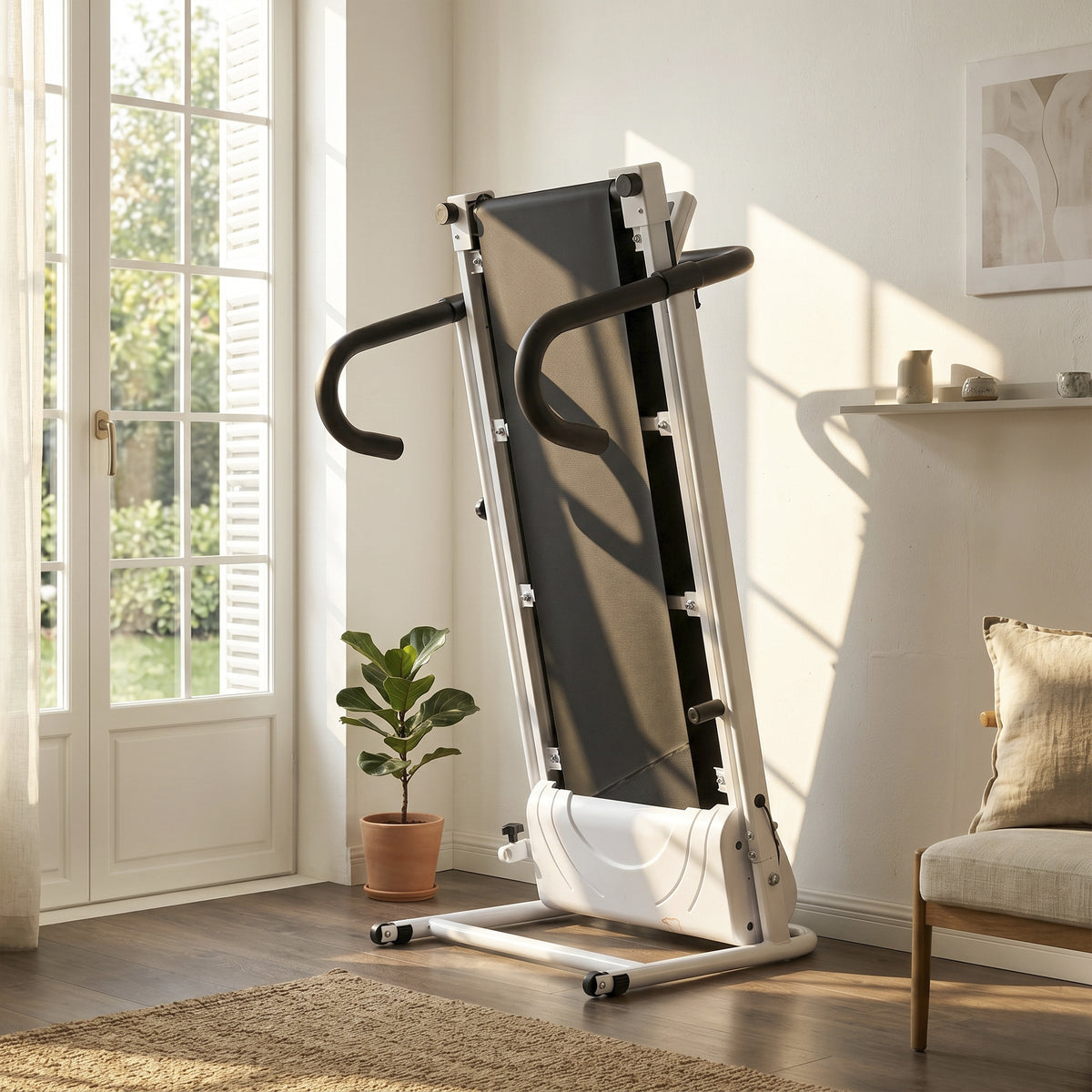 White treadmill folded upright for compact storage
