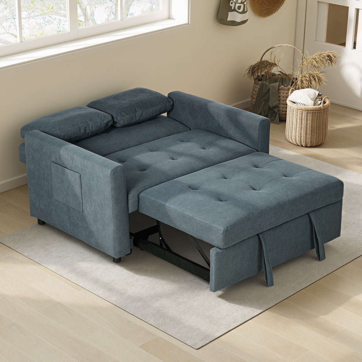 HOMCOM Loveseat Sofa Bed, Convertible Bed Settee with 2 Pillows, Side Pockets, Charcoal Grey