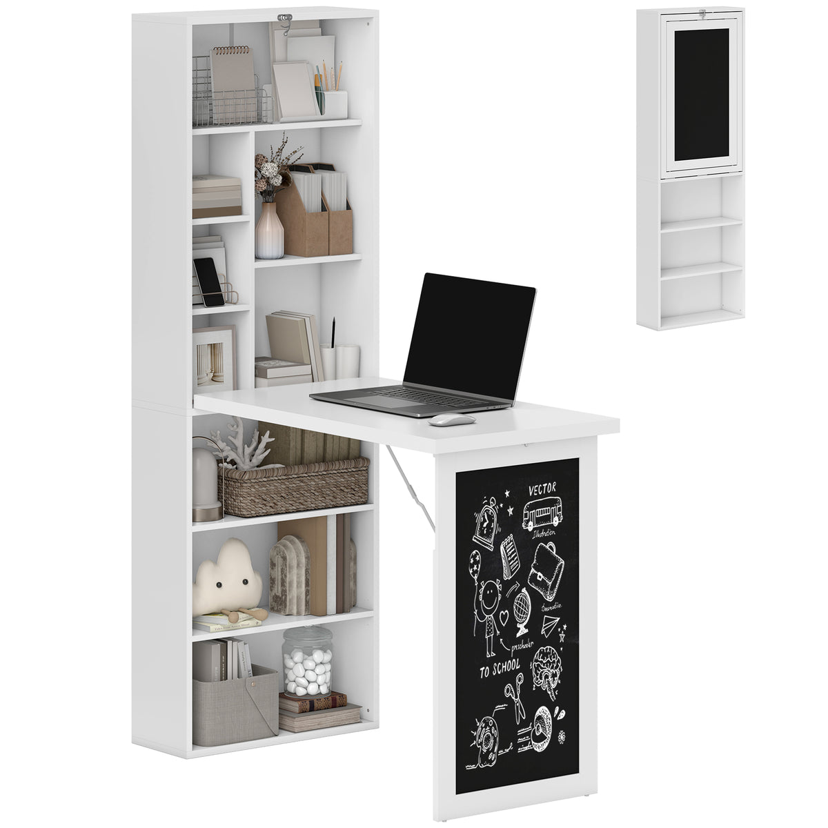 White 3-in-1 fold-out work desk with storage shelves and a chalkboard panel