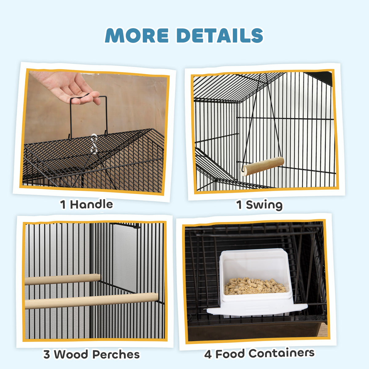 PawHut cage details: carrying handle, plastic swing, three wood perches, and food containers