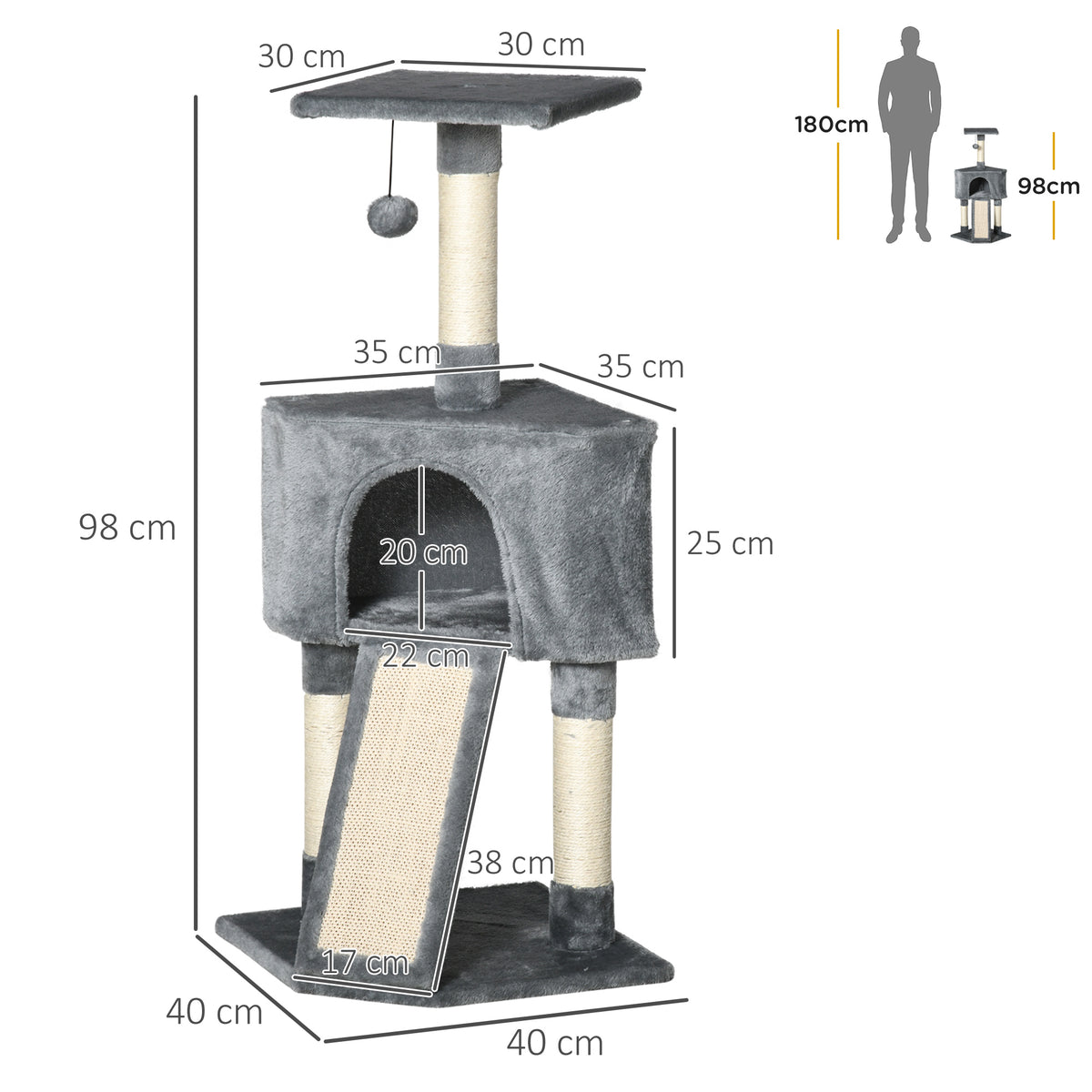 Grey corner cat tree with enclosed condo, sisal posts, ramp, top perch and hanging ball; 98 cm tall