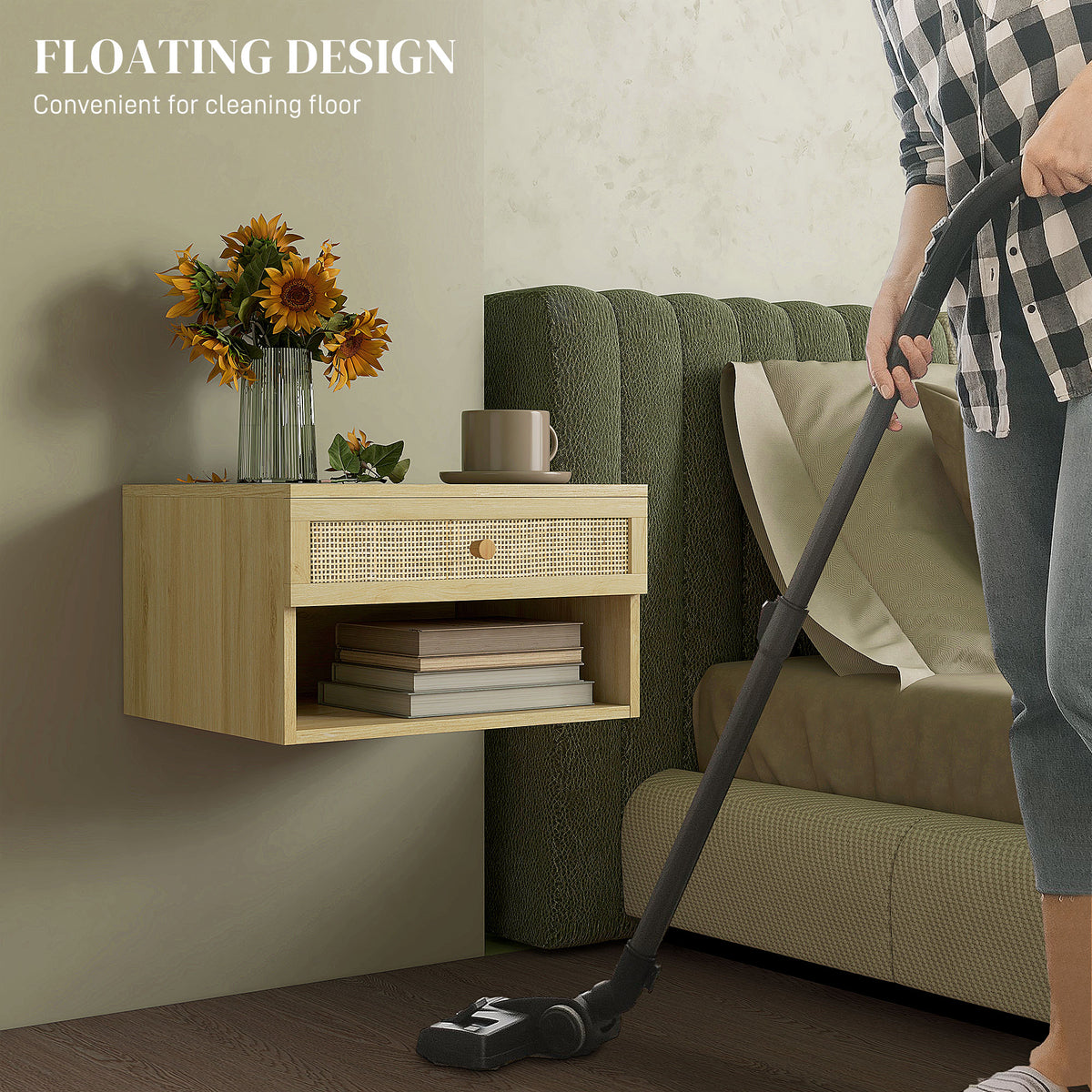 Floating wood-effect bedside table with rattan drawer and open shelf