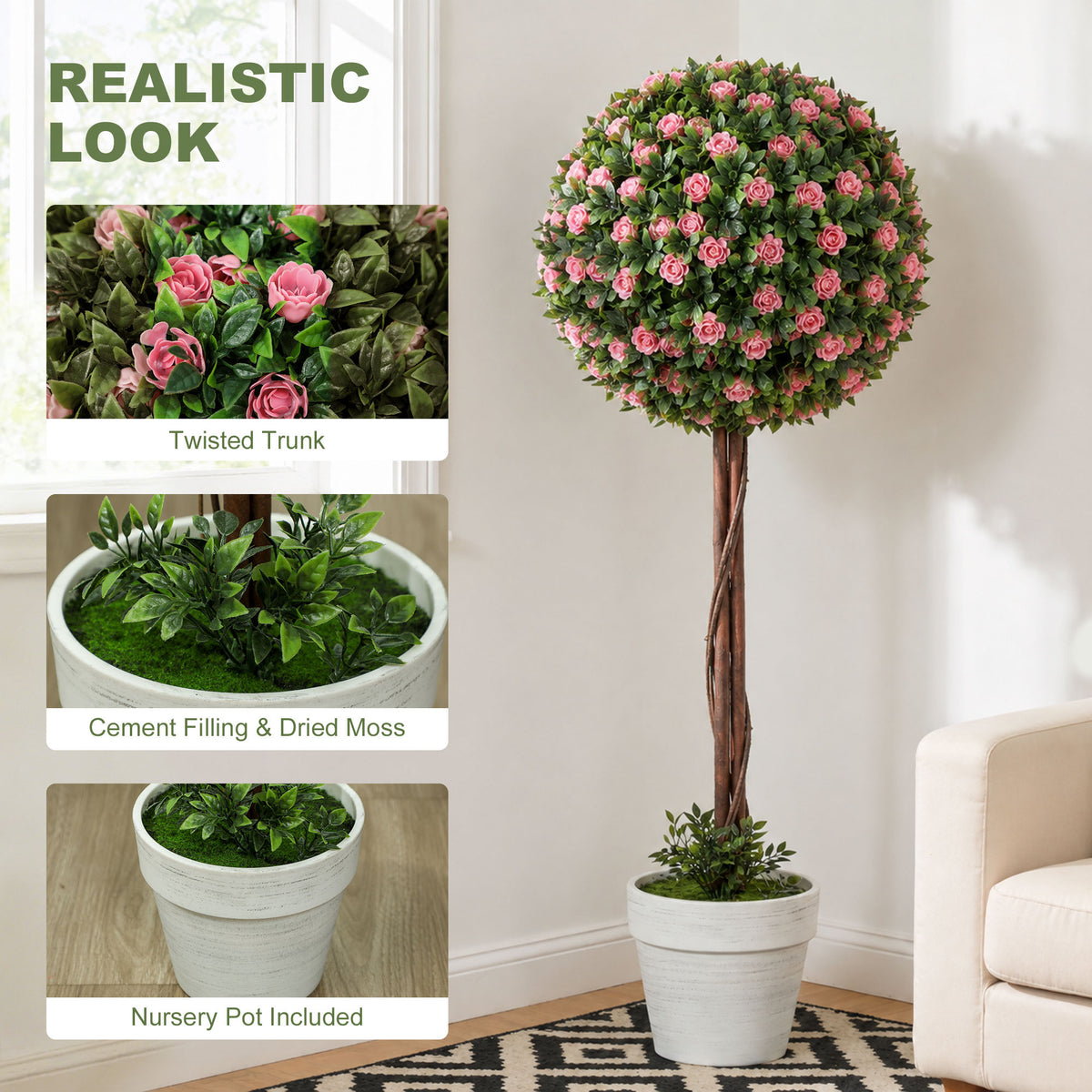 Artificial rose topiary tree with twisted trunk and moss in a white pot