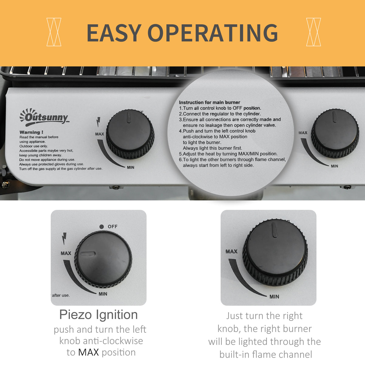 Close-up of two gas BBQ control knobs and built-in ignition instructions